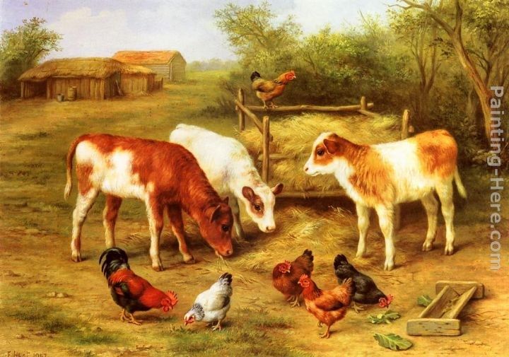 Edgar Hunt Calves and Chickens feeding in a Farmyard